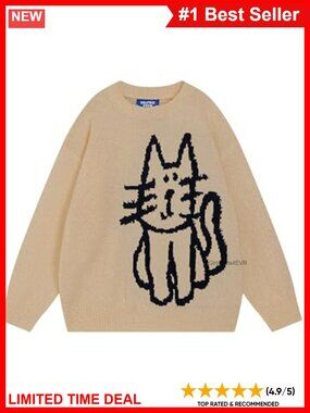 Oversized Cat Print Pullover Sweater Crew Neck Long Sleeve Casual